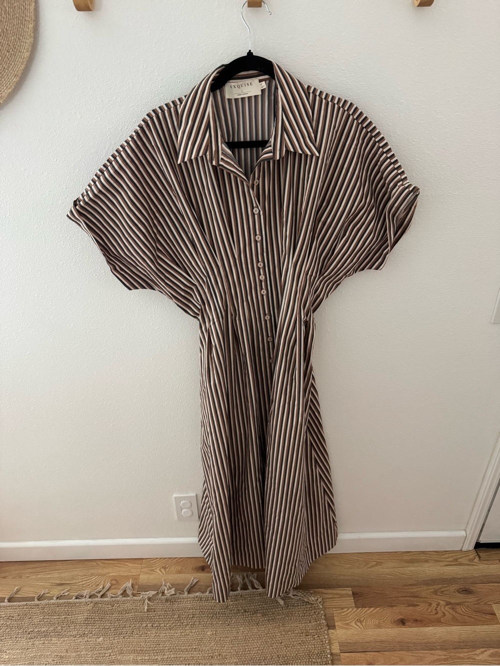 Exquise Striped Button-Front Midi Dress in Brown & Cream